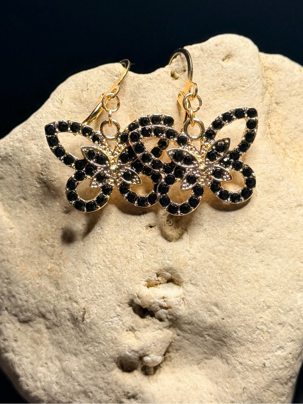 ✨Handmade✨Gold Butterfly Dangle Earrings with Black Crystals